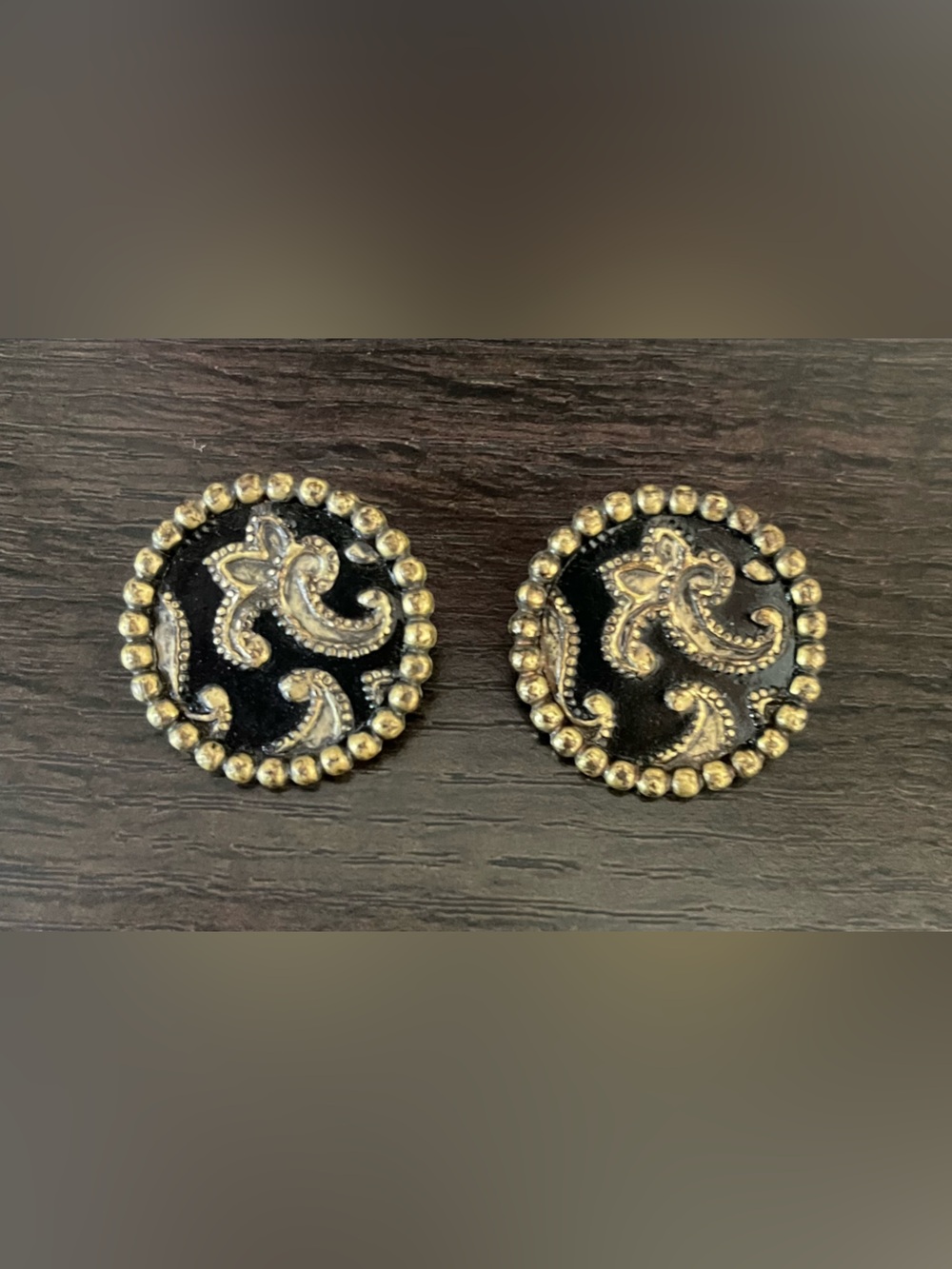 VTG Bergere Gold and Black Paisley Pierced Earrings